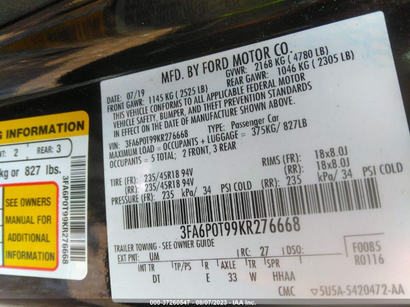 2019 FORD FUSION SE - 3FA6P0T99KR276668