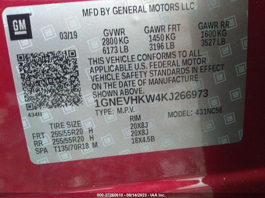 2019 CHEVROLET TRAVERSE LT LEATHER - 1GNEVHKW4KJ266973