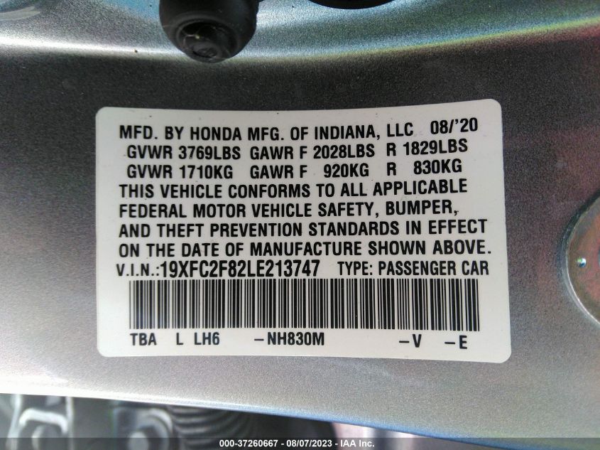 VIN 19XFC2F82LE213747 2020 HONDA CIVIC SEDAN SPORT