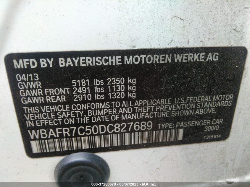 2013 BMW 5 SERIES 535I - WBAFR7C50DC827689