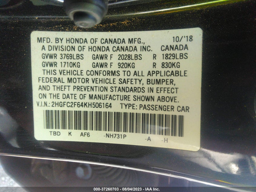 VIN 2HGFC2F64KH506164 2019 HONDA CIVIC SEDAN LX