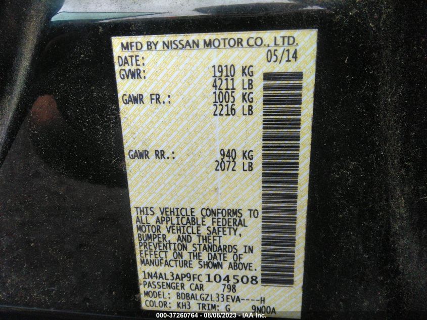 2015 NISSAN ALTIMA 2.5 S - 1N4AL3AP9FC104508