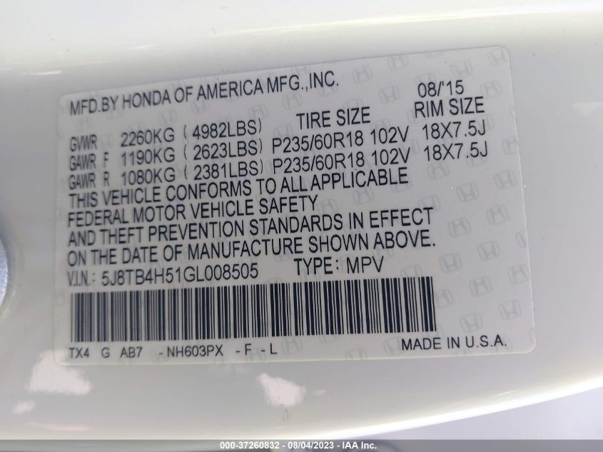 2016 ACURA RDX TECH PKG/TECH - 5J8TB4H51GL008505