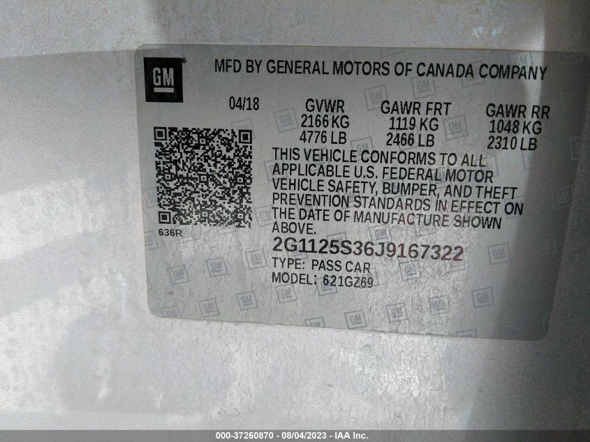 2018 CHEVROLET IMPALA PREMIER - 2G1125S36J9167322