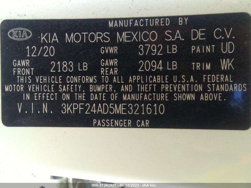 2021 KIA FORTE LXS - 3KPF24AD5ME321610