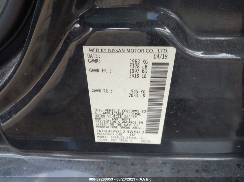 VIN 1N4BL4EV5KC238803 2019 NISSAN ALTIMA 2.5 SL