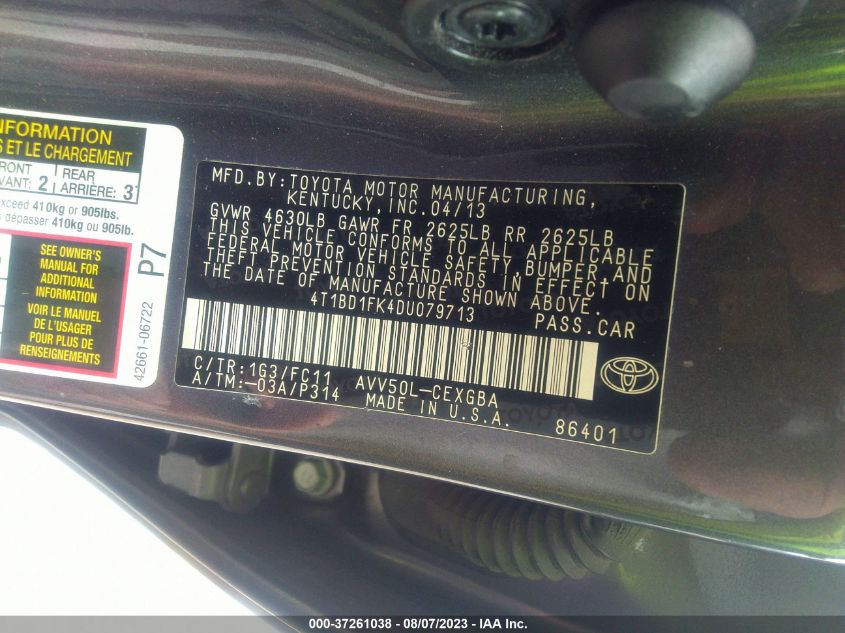 2013 TOYOTA CAMRY HYBRID XLE - 4T1BD1FK4DU079713