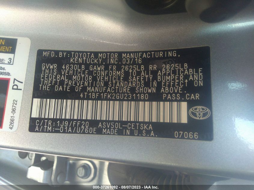 2016 TOYOTA CAMRY XLE/SE/LE/XSE - 4T1BF1FK2GU231180