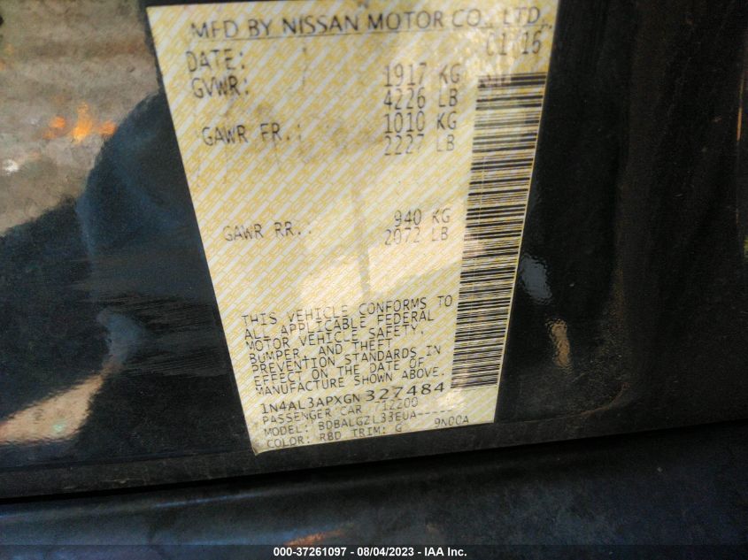 2016 NISSAN ALTIMA 2.5/S/SV/SL/SR - 1N4AL3APXGN327484