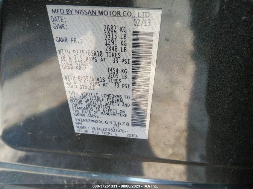 2013 NISSAN PATHFINDER SV - 5N1AR2MNXDC651678