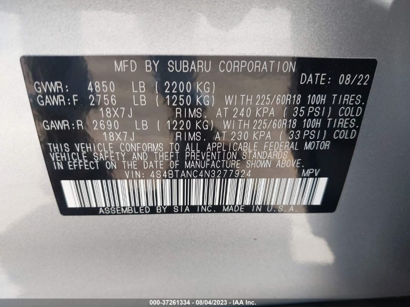 2022 SUBARU OUTBACK LIMITED - 4S4BTANC4N3277924