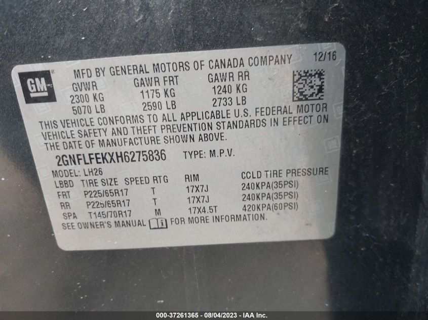 2017 CHEVROLET EQUINOX LT - 2GNFLFEKXH6275836