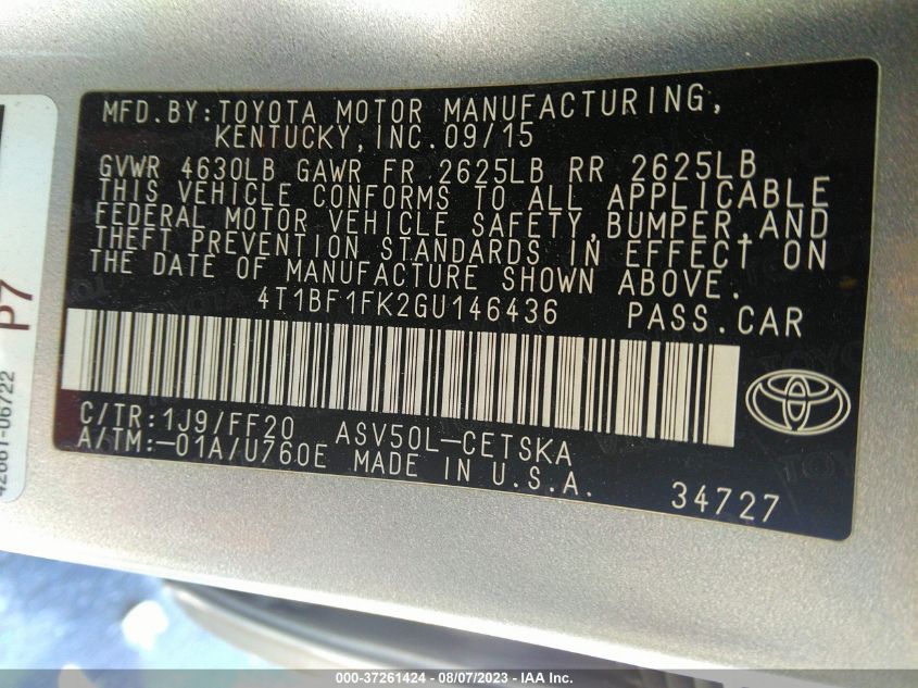 2016 TOYOTA CAMRY SE - 4T1BF1FK2GU146436