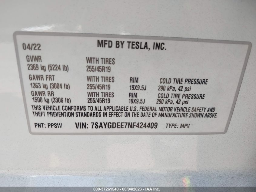 2022 TESLA MODEL Y - 7SAYGDEE7NF424409