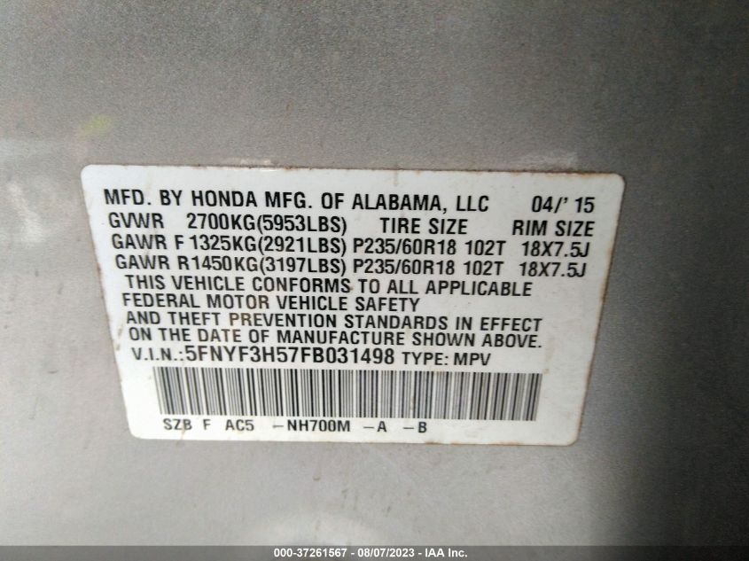 2015 HONDA PILOT EX-L - 5FNYF3H57FB031498