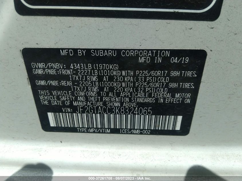2019 SUBARU CROSSTREK PREMIUM - JF2GTACC3K8324065