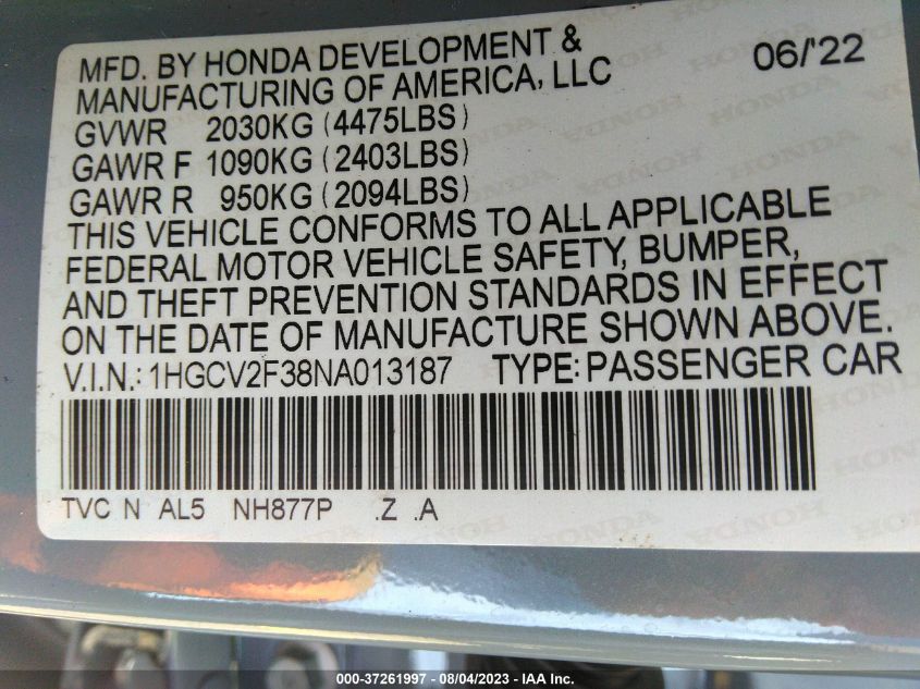2022 HONDA ACCORD SEDAN SPORT - 1HGCV2F38NA013187