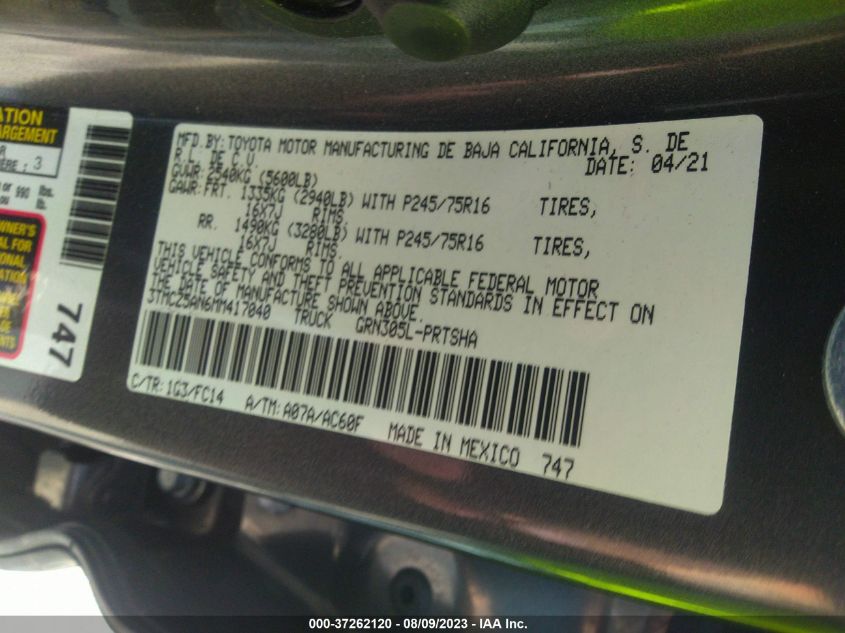 2021 TOYOTA TACOMA 4WD SR/SR5/TRD SPORT - 3TMCZ5AN6MM417040
