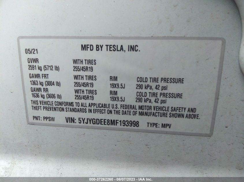 2021 TESLA MODEL Y LONG RANGE - 5YJYGDEE8MF193998