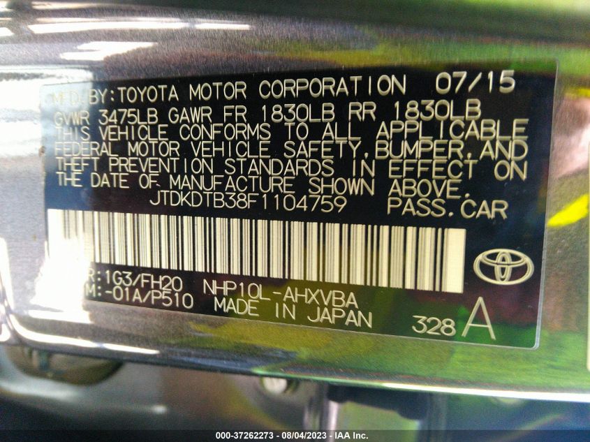 2015 TOYOTA PRIUS C ONE/TWO/THREE/FOUR - JTDKDTB38F1104759