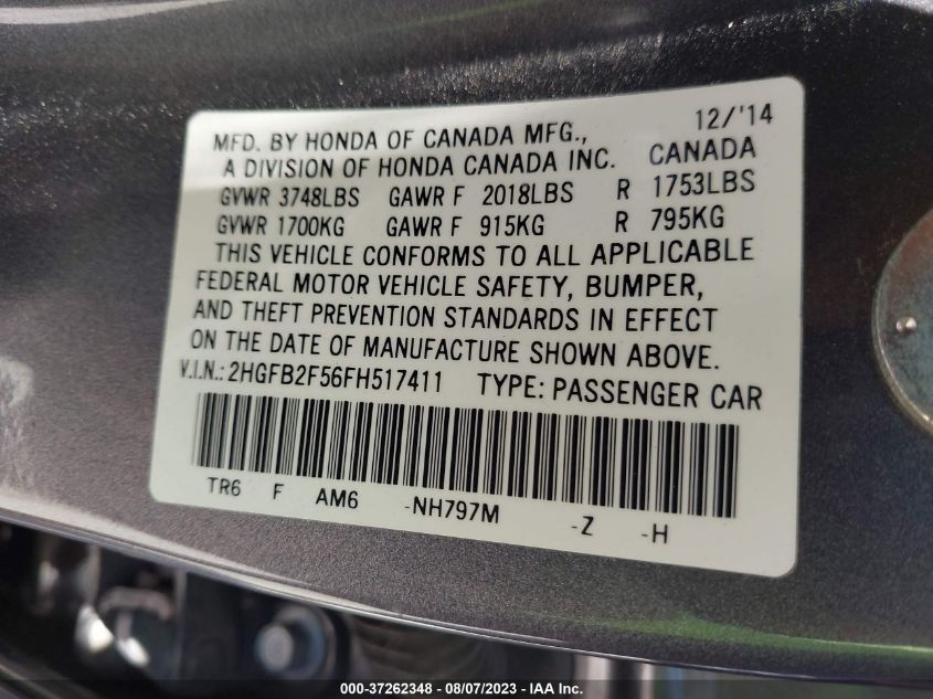 2015 HONDA CIVIC SEDAN LX - 2HGFB2F56FH517411