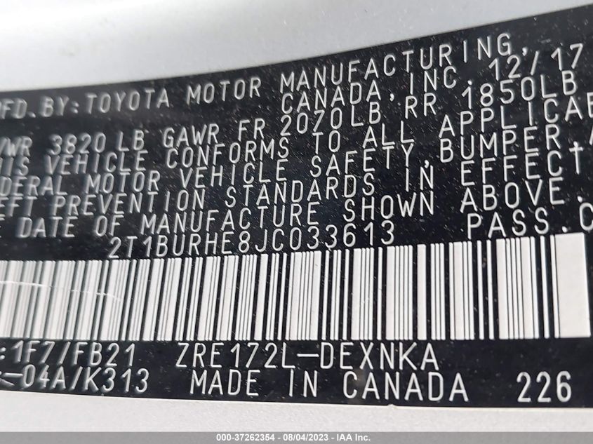 2018 TOYOTA COROLLA L/LE/XLE/SE/XSE - 2T1BURHE8JC033613