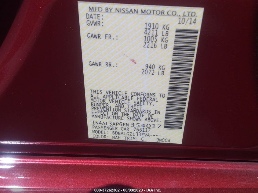 2015 NISSAN ALTIMA 2.5 S - 1N4AL3AP6FN354017