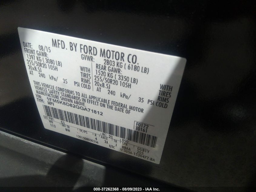 2016 FORD EXPLORER XLT - 1FM5K8D82GGA71812