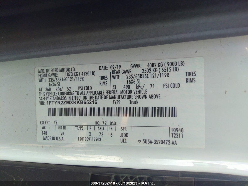 VIN 1FTYR2ZMXKKB65216 2019 FORD TRANSIT VAN