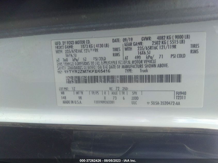 2019 FORD TRANSIT VAN - 1FTYR2ZM7KKB65416