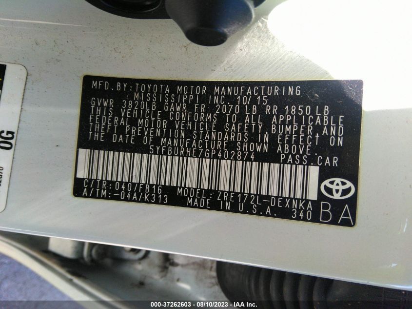 2016 TOYOTA COROLLA L/LE/S/S PLUS/LE PLUS - 5YFBURHE7GP402874