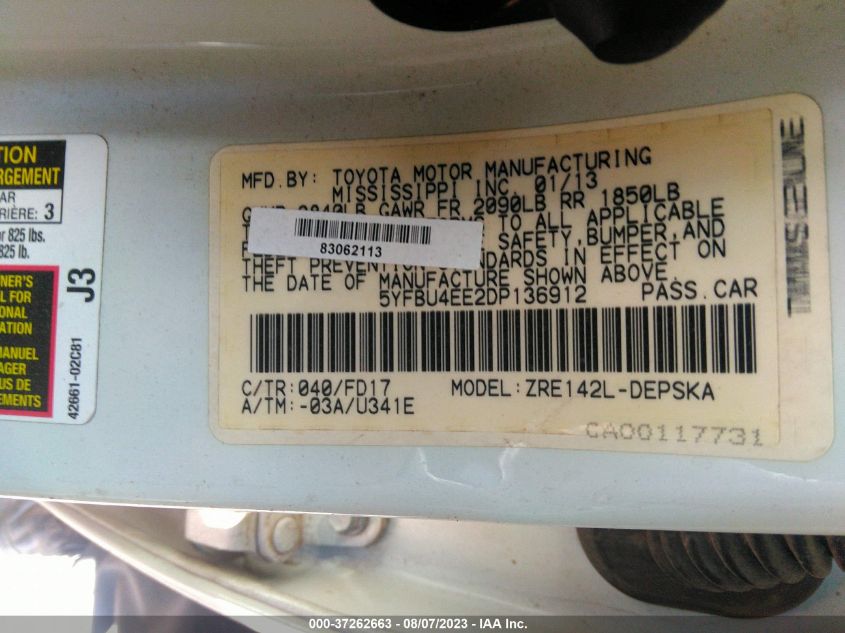 2013 TOYOTA COROLLA L/LE/S - 5YFBU4EE2DP136912
