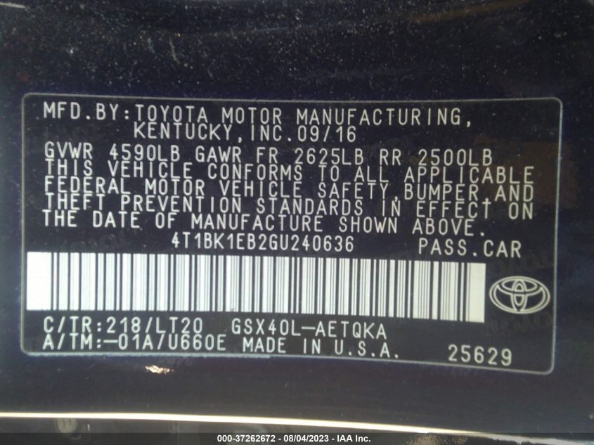 2016 TOYOTA AVALON LIMITED/TOURING/XLE - 4T1BK1EB2GU240636
