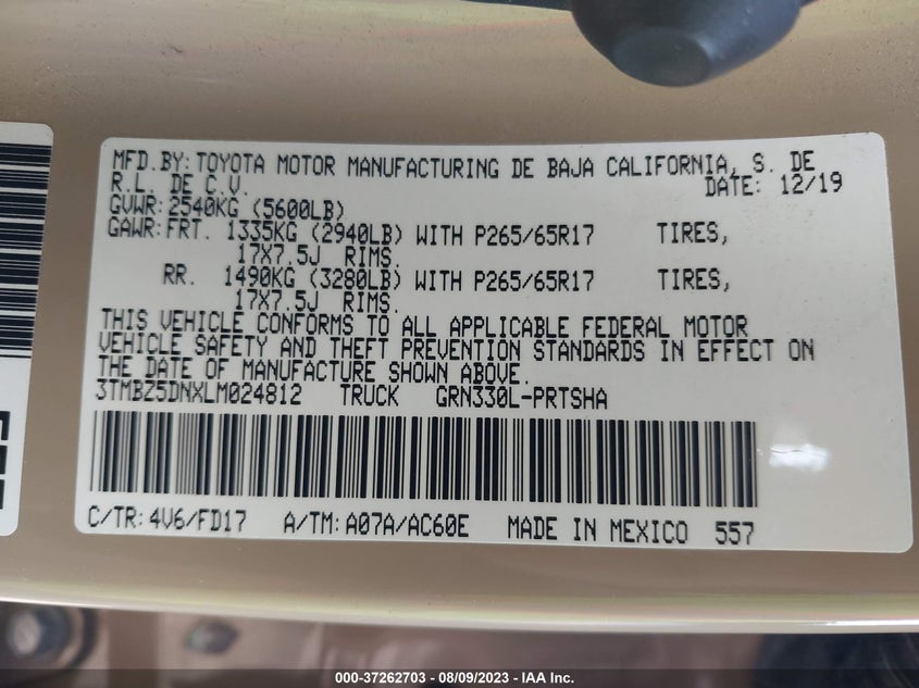 VIN 3TMBZ5DNXLM024812 2020 TOYOTA TACOMA 2WD SR5/TRD SPORT