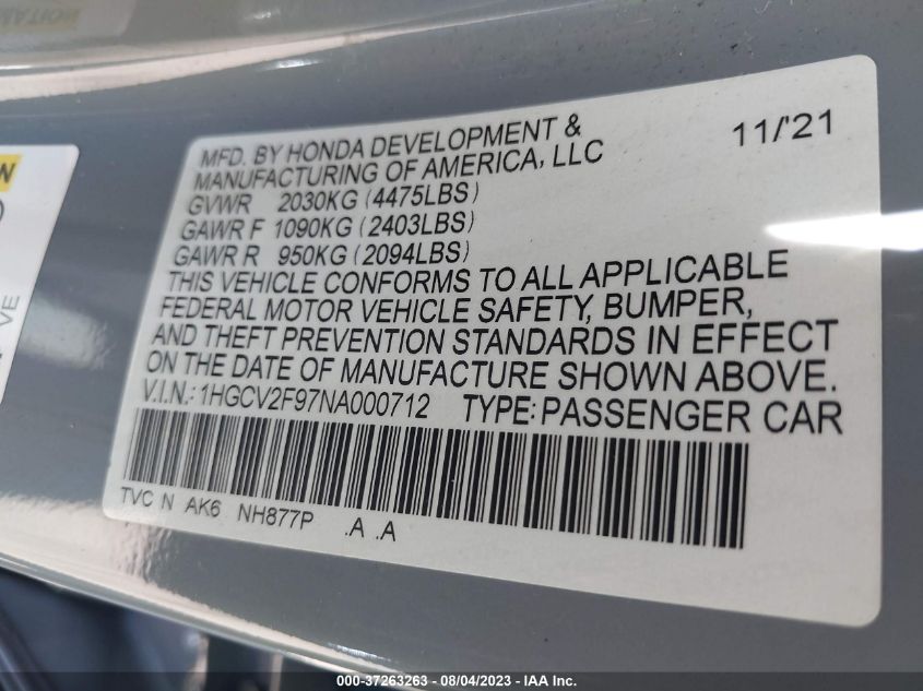 2022 HONDA ACCORD SEDAN TOURING - 1HGCV2F97NA000712