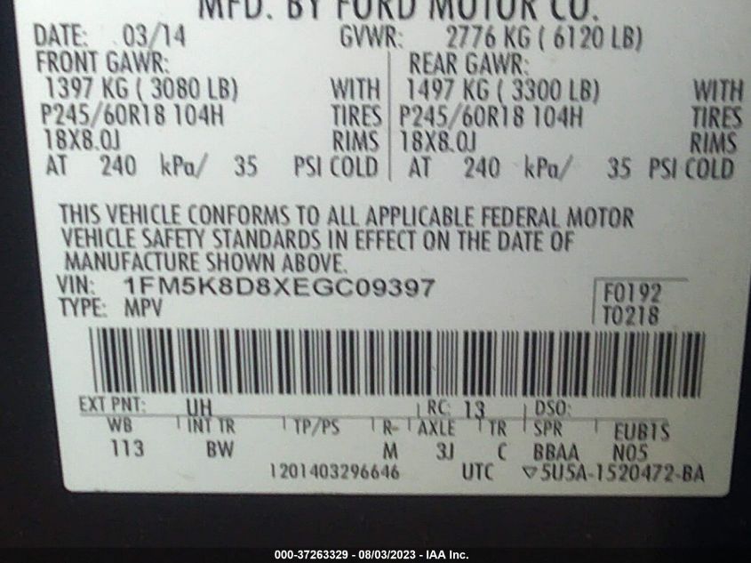 2014 FORD EXPLORER XLT - 1FM5K8D8XEGC09397