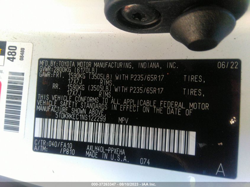 2022 TOYOTA SIENNA LE - 5TDKRKEC1NS122299