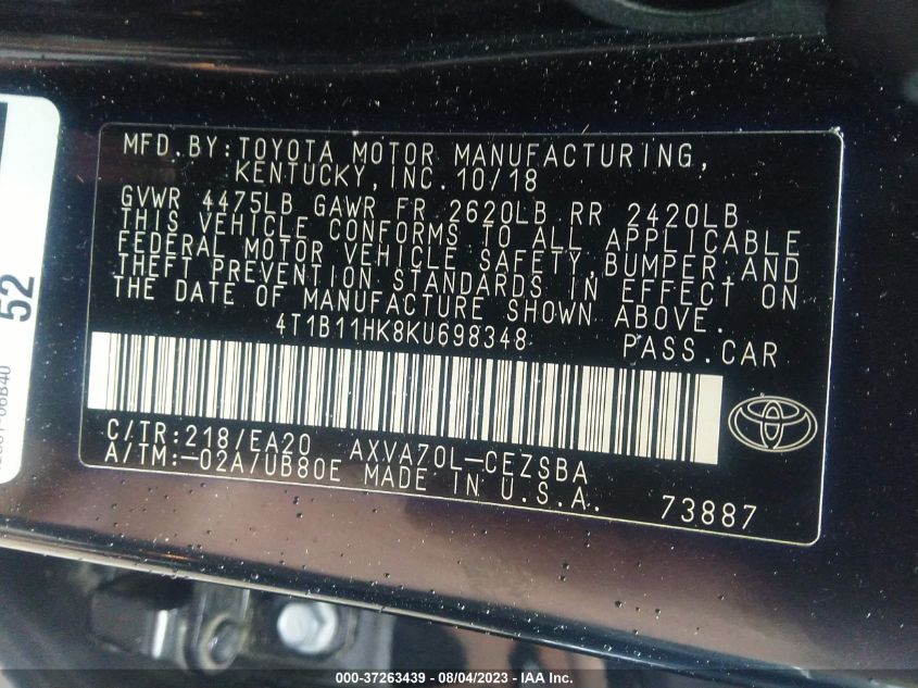 2019 TOYOTA CAMRY LE/SE/XLE/L - 4T1B11HK8KU698348
