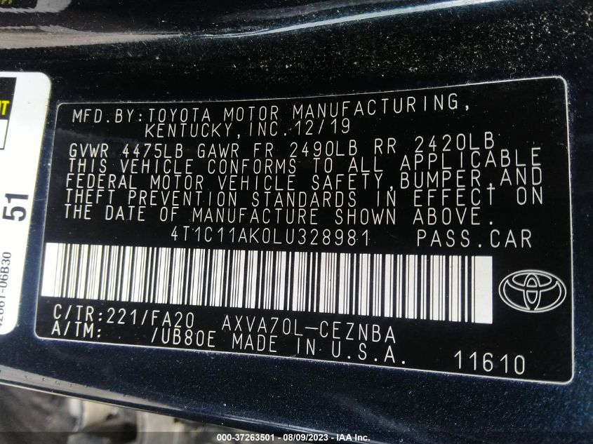 2020 TOYOTA CAMRY LE - 4T1C11AK0LU328981