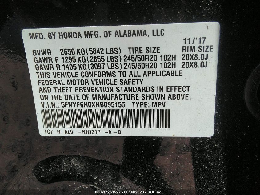 2017 HONDA PILOT ELITE - 5FNYF6H0XHB095155