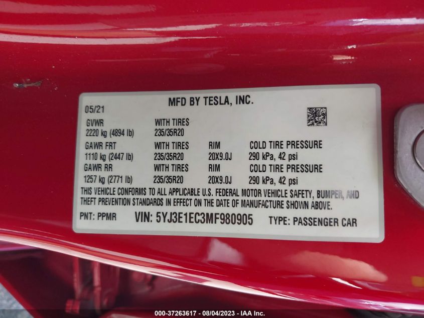 5YJ3E1EC3MF980905 Tesla Model 3  9