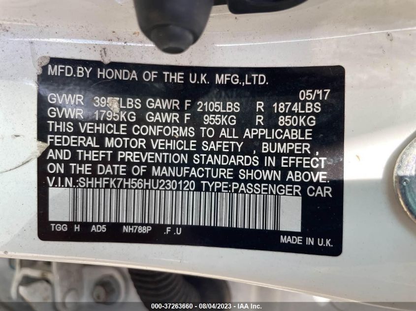 2017 HONDA CIVIC HATCHBACK EX - SHHFK7H56HU230120