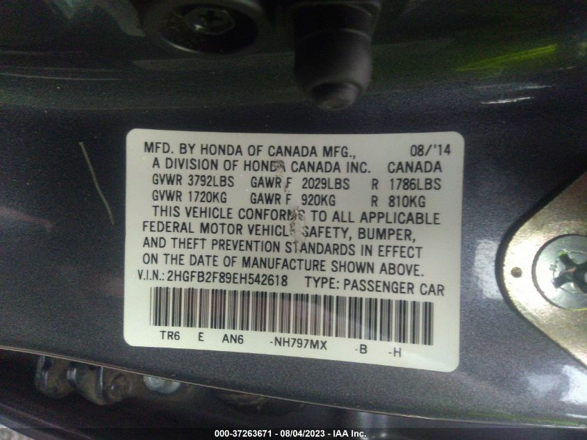 2014 HONDA CIVIC SEDAN EX - 2HGFB2F89EH542618