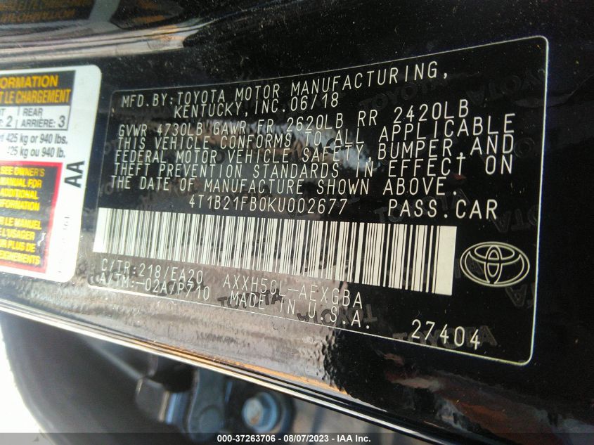 2019 TOYOTA AVALON HYBRID - 4T1B21FB0KU002677