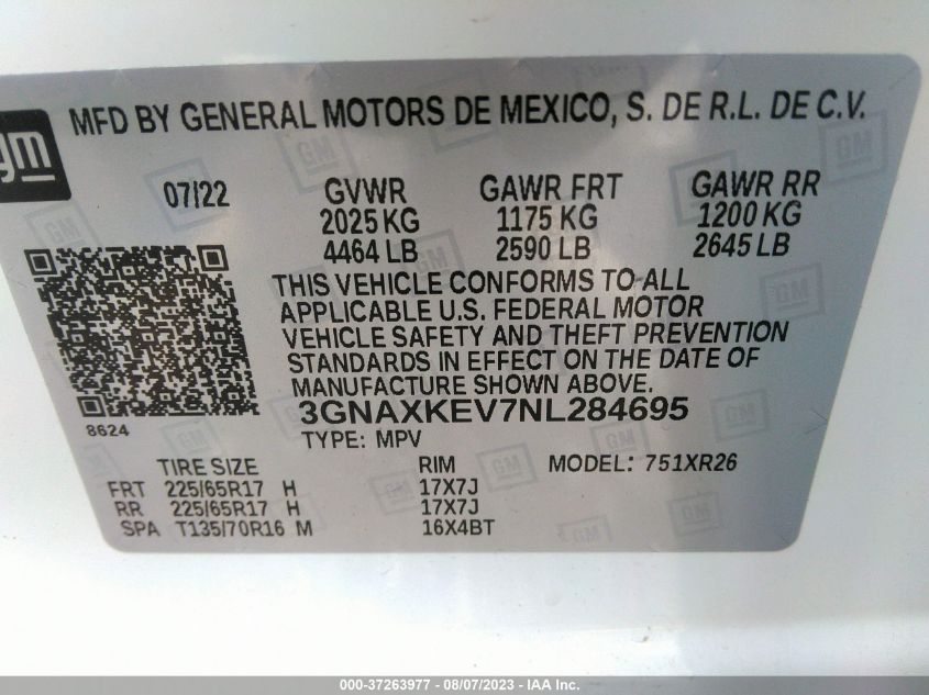 2022 CHEVROLET EQUINOX LT - 3GNAXKEV7NL284695