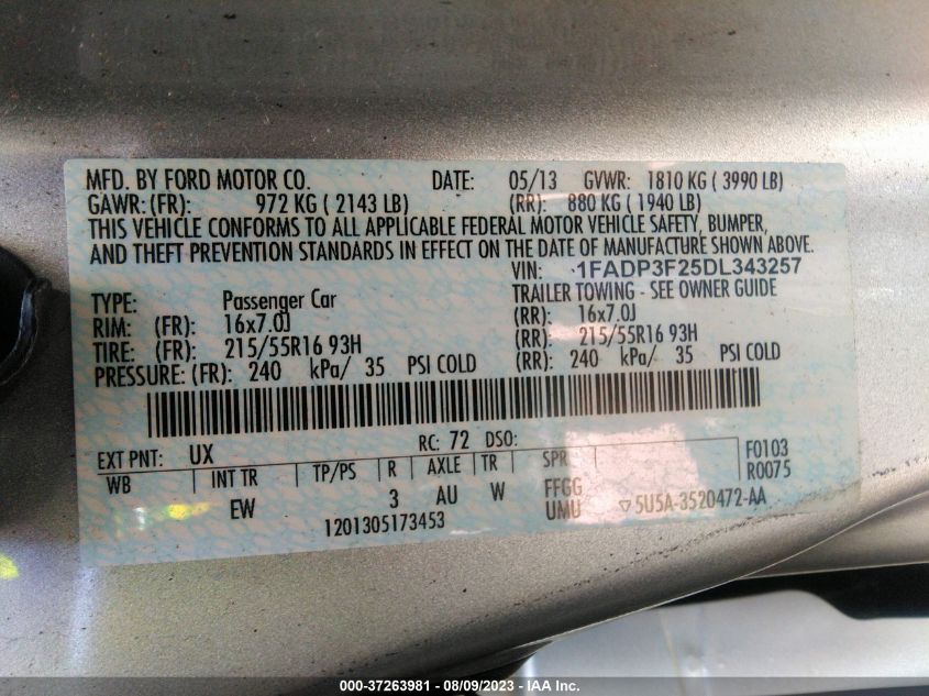 2013 FORD FOCUS SE - 1FADP3F25DL343257