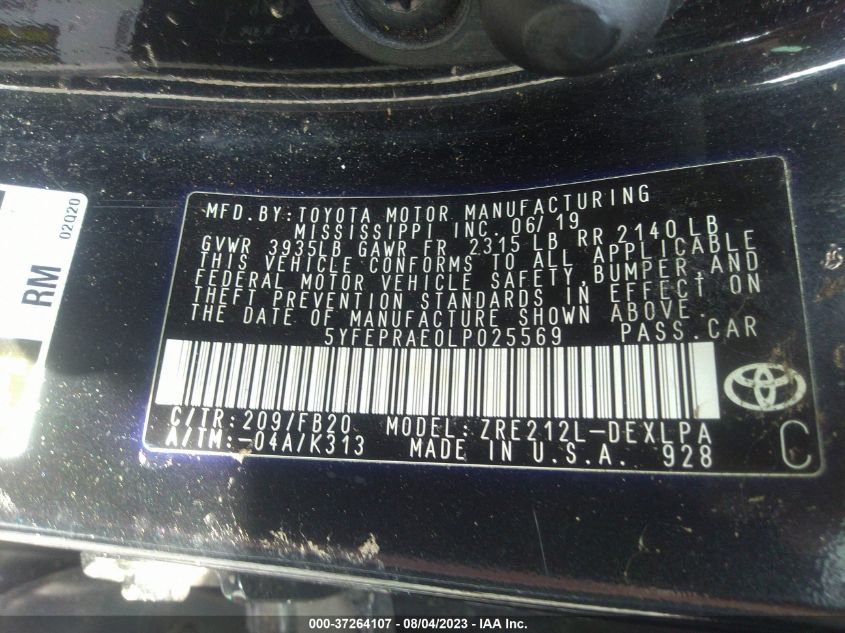 2020 TOYOTA COROLLA LE - 5YFEPRAE0LP025569