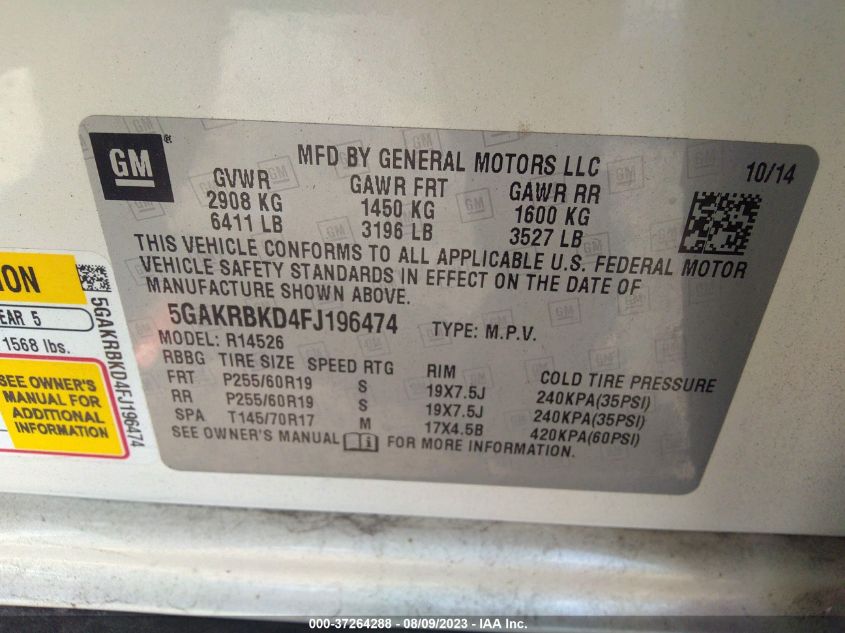 2015 BUICK ENCLAVE - 5GAKRBKD4FJ196474