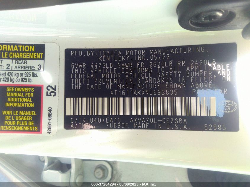 2022 TOYOTA CAMRY SE - 4T1G11AKXNU693835