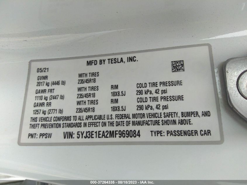 2021 TESLA MODEL 3 - 5YJ3E1EA2MF969084